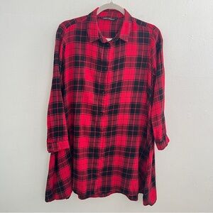 NEW Zara Red & Black Plaid flannel Shirt Dress Tunic Button Down SMALL